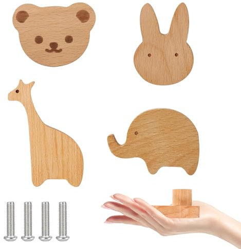 NAMIS 4 Stk Schrankknöpfe Kinder Holz Hochwertige, Möbelknöpfe Tiere Niedliche Design, Knöpfe Schrank Kinderzimmer, Langlebige Holzknöpfe Kommode, mit Schrauben, Holzgriffe für Schränke, Geschenkidee