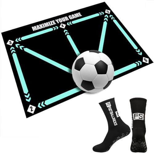 Fussball Matte Fußball-Trainingsmatte Ballkontrolle Trainingsmatte Stoßdämpfende Fußballmatte Silent Trainingsmatte Football Mastery Trainingsunterlage mit Fußball-Sportsocken (Matte+schwarze Socken)