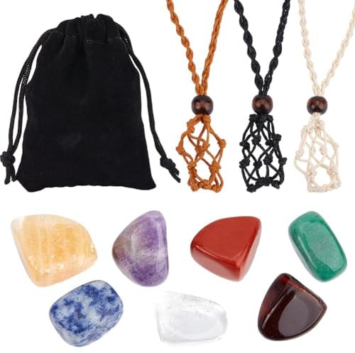 Beebeecraft 1 Box 7Pcs Crystal Necklace Holder Reiki Stone Set Irregular Natural Stones Adjustable Waxed Cord Cage No Hole Gemstone Chakra Crystals for Jewelry Making Wrapped Pendants DIY Crafts