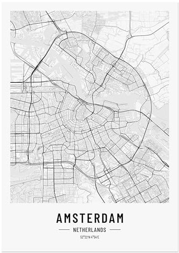 JUNOMI® Amsterdam Poster 50x70 cm Wohnzimmer Deko, Modernes Wandbild, Amsterdam Bild, Wandbild ohne Rahmen, Stadtplan Poster Amsterdam, perfekte Geschenkidee für Amsterdamer