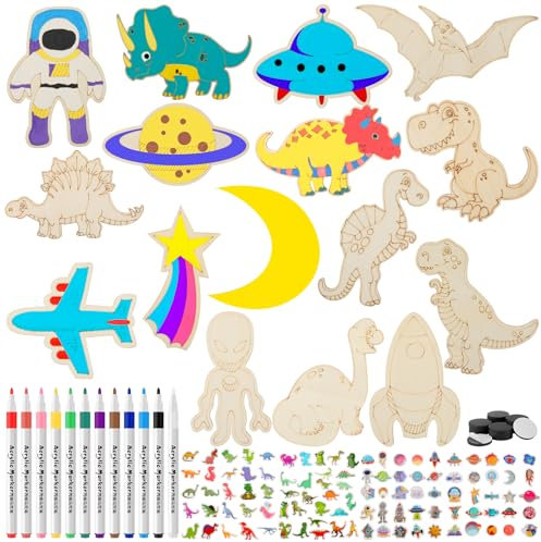148 Stück Holz Bastelset, 8 Dinosaurier & 8 Raketen Bemalen Holzbastelset, 100 Weltraum & Dinosaurier Aufkleber Acrylstifte Kühlschrankmagnete Kindergeburtstag Basteln für Mädchen/Jungen DIY Handwerk