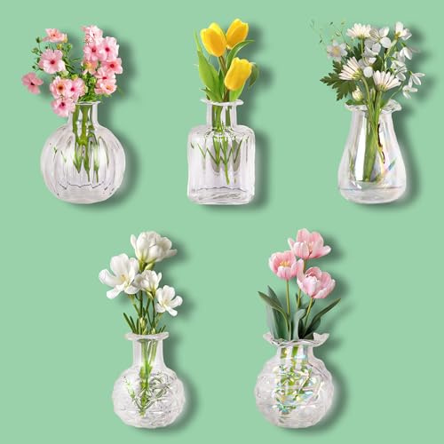 ZOYVUX Cute Mini Vase Magnets for Fridge, Funny Decorative Magnets, 5 Pack | Tiny Plant Glass Vases with Faux Flowers, Whimsical Magnetic Refrigerator Decor, For Kitchen, Locker, Office, Gift