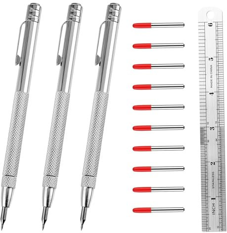 Veftsvy Anreißwerkzeug Set, 3 Stück Wolframcarbid Stift Wolframstahl Anreißnadeln Metall Reißnadel, 10 Ersatzspitzen und 15cm Stahllineal und Magnetischem Schwanz, für das Markieren auf Metall, Glas