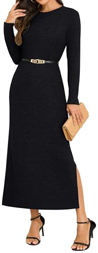 GRECERELLE Women Maxi Dresses Long Sleeve Crew Neck Dress for Women UK Winter Ladies Slit Elegant Casual Daily Work Date Lounge Long Dresses with Pockets