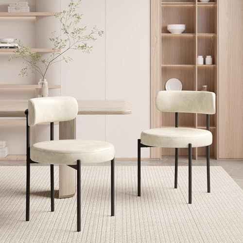 Hawthyhome Esszimmerstühle 2er Set PU Leather Gepolstert Stuhl Beige | Runde Boucle Esszimmerstuhl,Mid-Century Stühle Esszimmer mit Metallbeinen und Rückenlehne für Esszimmer,Wohnzimmer, Büro