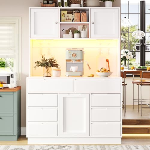 Huayz Armario de cocina de 183,5 cm, armarios altos para salón, armario buffet, con puerto de carga LED y USB, 8 cajones, estantes ajustables en altura, para cocina, salón, comedor