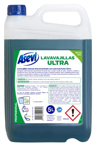 Asevi Lavavajillas Líquido Ultra Profesional - Detergente Lavaplatos Manual Ultraconcentrado - Gran Poder Desengrasante - Suave con la Piel - Máxima Eficacia y Rendimiento - 5 Litros