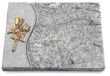 Grabtafel, Grabplatte, Grabstein, Grabkissen, Urnengrabstein, Liegegrabstein Modell Wave 40 x 30 x 3-4 cm Viskont-White-Granit, poliert inkl. Gravur (Bronze-Ornament Rose 11)