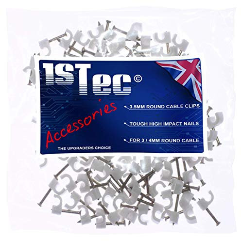 1STec 100 x 3.5mm White Small Round Cable Clips Suitable for Indoor/Outdoor use Plaster Wood or Masonry Hardened Nails to Tack BT Telephone Cable USB Leads Speaker & Door Bell Wire Low Voltage Lights