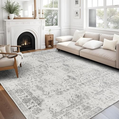 ReaLife Teppich - Maschinenwaschbar - aus Premium-Recyclingfasern hergestellt - Vintage Distressed Trellis Ivory-Grey, 225 x 285 cm