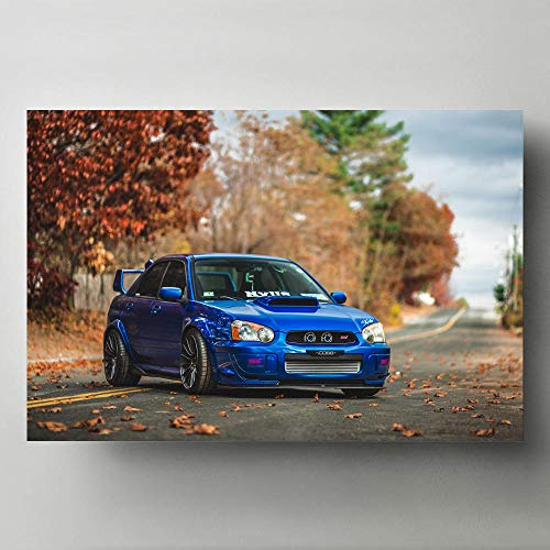 ULOVEH Moderne Kunst Poster und Drucke Subaru Impreza STI Blau Sportwagen Herbst Straße Wand Bild Leinwand Malerei Wohnzimmer Dekor (Rahmenlos) 50x70cm