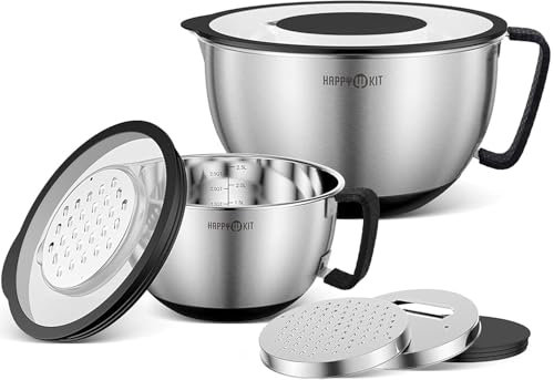 HAPPY KIT 18/8 Rührschüsseln mit Deckel, Edelstahl-Rührschüssel mit Ausgießer, rutschfester Griff und Unterseite, 3 Reibeaufsätze, Messmarkierungen und Deckel, Größe 5, 3QT (schwarz), 2 Stück