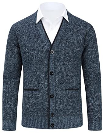 Allthemen Mens V-Neck Cardigan Lined Button Thick Sweater | Mens Business Casual Knitted Cardigan Winter Warm Lightweight Long Sleeve Sweater Solid Color Slim Fit