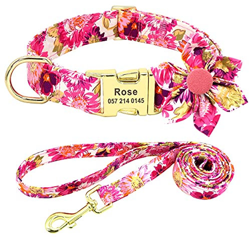 Beirui Personalised Female Dog Collar and Lead Set for Girl Dogs - Custom Pet Dog Collar with Flower for Small Medium Large Dogs - Soft Floral Engraved Collar with Matching Lead (Hot Pink, S)