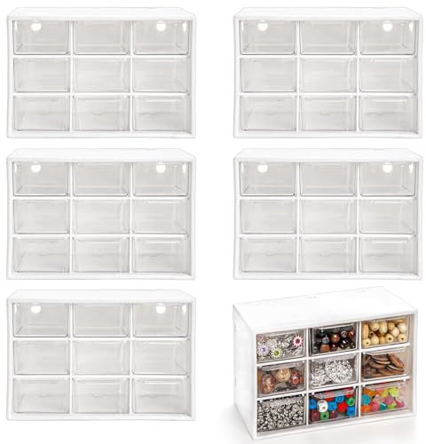 Hacaroa 6 Pack Desktop Drawer Organizer with 9 Mini Drawers, Plastic Desk Craft Storage Case Box for Art Supply, Office Supplies, Cosmetics, Jewelry, Dorm Room, Off White