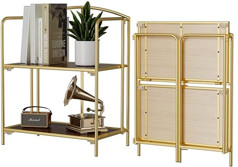 Crofy Klapp-Bücherregal, keine Montage, 2 Etagen, Gold, Metall-Bücherregal zur Aufbewahrung, klappbares Bücherregal für Büroorganisation und Aufbewahrung, 32 x 57 x 72 cm (T x B x H)