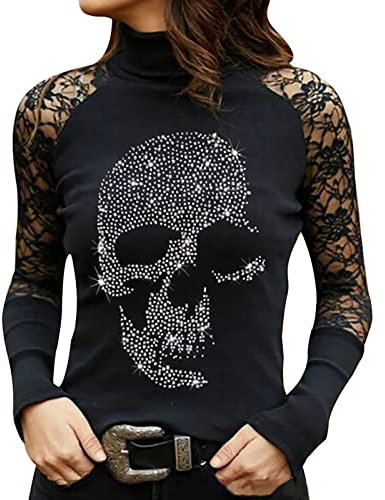 Sumuqi Bluse Elegant Damen Langarmshirt Halloween Shirt Tops Oberteile Herbst Oberteil Elegante Oberteil Fraun Y2k Kostüme Kostüm Skelett Pullover Kleidung Bekleidung Longshirt Sweatshirt Schwarz L