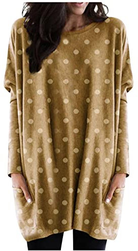 Lässiges Damenoberteil mit Rundhalsausschnitt, Fledermausärmeln, Taschen, Oberteil mit Punktdruck, Blusen, locker, lang, lässig, locker, T-Shirt, Pullover Kleider