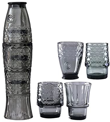 ZOEDT Koi-Fisch-Form-Gläser, 4er-Set, stapelbare Trinkgläser, strukturierte, getönte Tumbler-Tumbler-Gläser, Glaswaren für Trinkwasser, Bär (Color : Black)