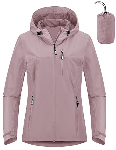Outdoor Ventures Damen Regenjacke 10000MM Wasserdicht Leichte Gefüttert Packbar Sportjacke Funktionsjacke Atmungsaktiv Fahrrad Jacke mit Kapuze Rosenpulver M