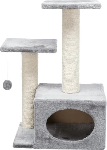 TRIXIE Valencia Kratzbaum mit Höhle, Zwei Plattformen, baumelndes Katzenspielzeug, Grau
