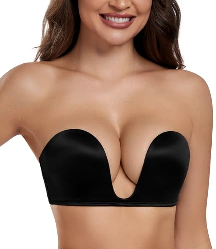 HACI Women's Plunge Deep U Strapless Bra Push Up Demi Underwire(Black,34C)