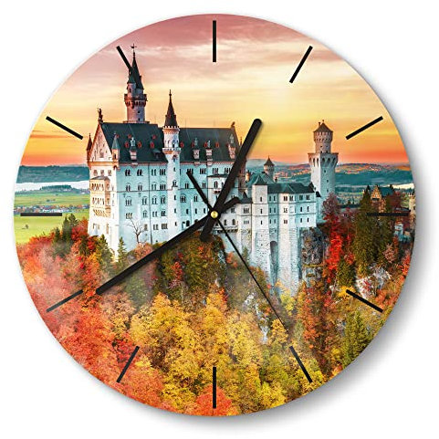 DEQORI Glasuhr | rund Ø 30 cm | Motiv Schloss Neuschwanstein | ausgefallene leise Design Uhr aus Glas | Wanduhr für Wohnzimmer & Küche | moderne Hingucker Uhr für die Wand