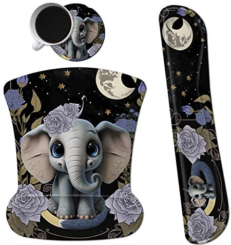 Dikoer Ergonomic Mouse Pad with Wrist Support Gel Mouse Pads and Upgrade Keyboard Wrist Rest Pad Set, Coasters Non-Slip PU Base Mouse Mat for Office Gaming Computer Laptop Home, Flower Elephant