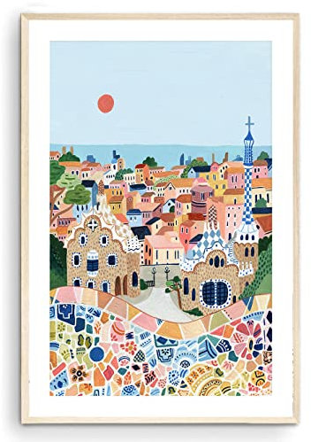 Nationcog Barcelona Park Güell Poster, Europa-Kunstdruck, Spanien, Reisekunst, Einweihungsgeschenk (ungerahmt) (28,9 x 35,6 cm)
