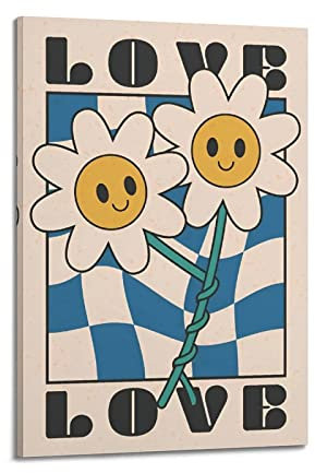 KYNA Vintage-Poster Love mit Smiley-Blumen, dekoratives Gemälde, Leinwand, Wandposter und Kunstbild, modernes Familien-Schlafzimmer, Deko-Poster, 40 x 60 cm