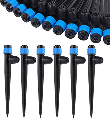 Lanzador de riego por goteo, con aspersores de riego por goteo ajustables de 360 grados, adecuado para tuberías de 1/4 pulgadas,(50 pulverizadores azules de 360 grados)