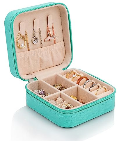 WAREHOUSE Schmuckaufbewahrung Reise, Schmuckkästchen klein, Schmuckschatulle Tragbar für Ohrringe, Ringe, Ohrstecker, Kette, Schmuck Reiseetui PU-Bezug in Mintgrün