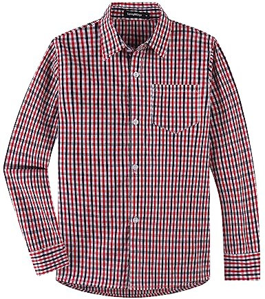 Spring&Gege Jungen Langarm Popeline Button Down Shirt Baumwolle Plaid Uniform Dress Shirts, Rot/Schwarz Klein Gingham,M