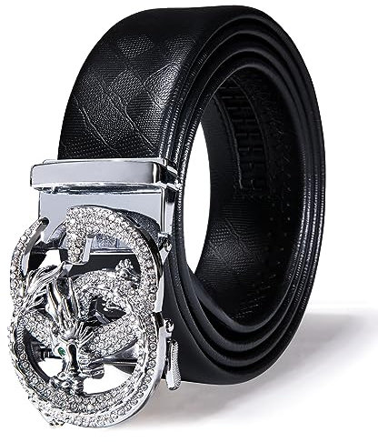 Dubulle Designer Herren Gürtel, Schieben Automatische Schnalle Ratsche Kleid Gürtel TOP Echtes Leder Gurt Geschenke, Silver Dragon01, 110cm/24-38W