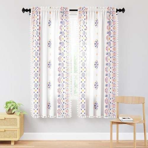 Encasa XO Boho Semi Sheer Hänge für Window im Schlafzimmer und Wohnzimmer (2) - Boho Bright - Vorhang mit Quasten & Bohemian Design - 6 ft