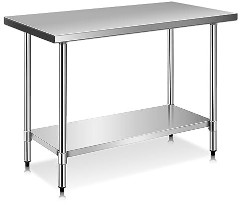 GIANTEX Tavolo da lavoro in acciaio inox a 2 livelli, tavolo da cucina in acciaio inox con ripiano regolabile in altezza, tavolo per la preparazione degli alimenti, piedini regolabili, 122x61x89 cm