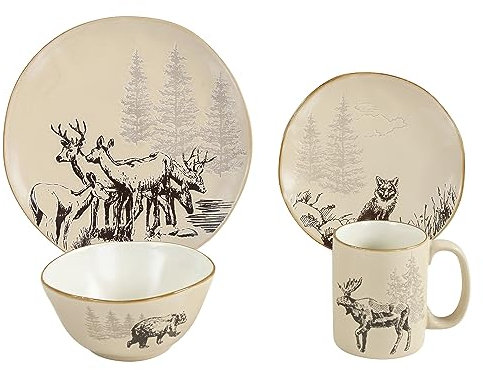 Paseo Road White Pine 16-teiliges Keramik-Geschirr-Set, Tannenbaum, Bär, Hirsch, Elch, Fuchs, Druck, modernes rustikales Hütten-Geschirr-Set mit Tellern, Schalen, Tassen