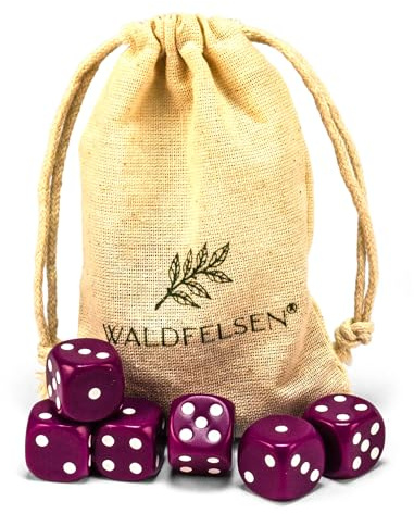 Waldfelsen 6, 12, 20, 30 oder 50 hochqualitative Würfel Standardgröße 16 mm Acrylwürfel Knobel Spielwürfel Dice 6-seitig sechsseitig Spielzubehör Set mit Stoffbeutel (Lila, 6 Stück)