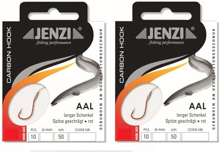 Set: 2 Packungen gebundene Aal Haken von Jenzi, (20 Stück) an Mono Schnur Vorfach fertig + gratis Petri heil! Aufkleber. (Hakengröße # 4)