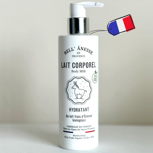 Lait corps hydratant au Lait frais d'Ânesse BIO Fabrication Française. Tous types de peau. Flacon pompe 250 ml