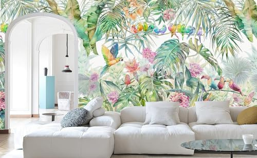 Kalodity 3D Papier Peint Panoramique Jungle Soie Tropicale, 300 X 210 cm Coloré Plantes Fleur, Feuille, Oiseau Perroquet Grandes Murales Poster pour Salon, Adulte Chambre d'enfants, Étude Décoration