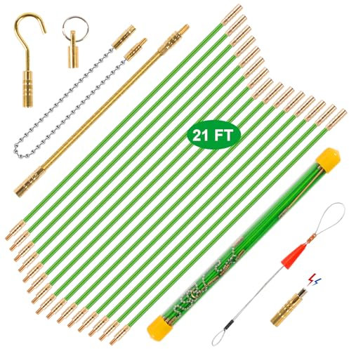 21FT Fiberglass Running Electrical Wire Cable Pulling Fish Tape Kit, Bright Green Glow Rods Fish Tape Rod Pull Push Tool Electrical Fish Tape with 7 Different Attachments in a Carrying Case