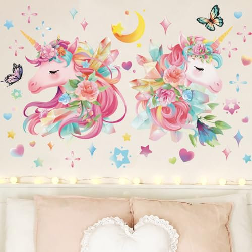 Runtoo Wandtattoo Einhorn Bunt Wandsticker Stern Blume Schmetterling Wandaufkleber Kinderzimmer Babyzimmer Schlafzimmer Wohnzimmer Wanddeko