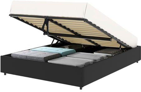 SENHO Lit Coffre Plateforme – Couchage 140x190 cm - PU Noir - sommier Inclus - Lance