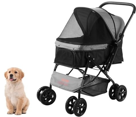 VEVOR Hundebuggy 50x85x97cm Hundewagen 20kg Tragfähigkeit Faltbarer Hundetrolley Aluminium-Rahmen 600D Oxford-Gewebe Nylon-Netzfenster 4 Eva-Räder Hundebox Tierbuggy Katzenbuggy Haustier Transport