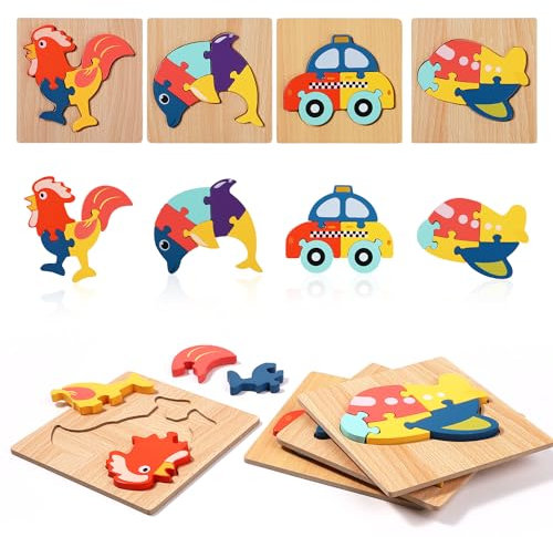 4 Stück Holzpuzzle für Kinder, 3D Montessori Rätsel Tier Delfin Flugzeug Fahrzeugform Vorschule Lernblöcke Lernspielzeug für Babys Kleinkinder Jungen Mädchen Geburtstagsgeschenke