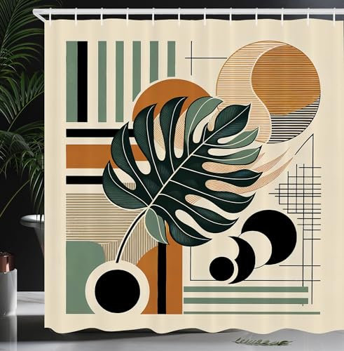 ABAKUHAUS Monstera Duschvorhang, Tropisches Blatt abstrakt Mid Century Stil Boho Vibes auf gestreiftem Hintergrund, Stoffliches Gewebe mit Haken, 175 x 180 cm, Dunkelgrün Sepia Dämmerung