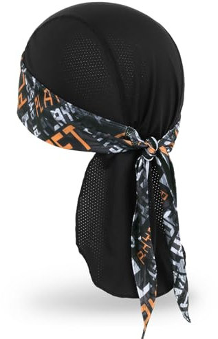 MELASA Kühlende Durag Bandana Cap Mütze, Absorbiert Schweiß Kopftuch Unterhelm, Atmungsaktive Fahrrad Kopfbedeckung Laufmütze, Kopftuch Herren Radfahren Motorradfahren(Schwarz Orange Print)