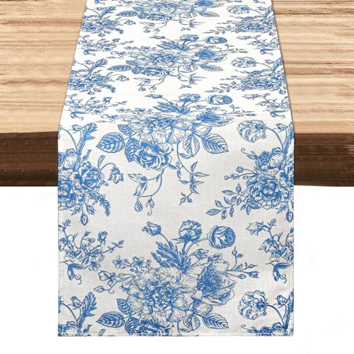 Dremisland Rose Monochrome Skizze Blau Tischläufer 32x180cm Frühling Sommer Vintage Blumen Tischtuch Tischdecke Retro Floral Tischdeko Table Runner Tischset Küche Drinnen Urlaub Party Geburtstag Dekor