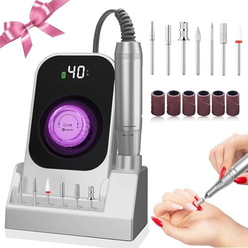 Nagelfräser Professionell 40000U/Min Nagelfräser für Gelnägel, Aufladung Elektrische Nagelfeile Maniküre Elektrische Nail Drill Set mit 7 Elektrische Nagelfräser Bits, Zu Hause und Im Salon (Grey)
